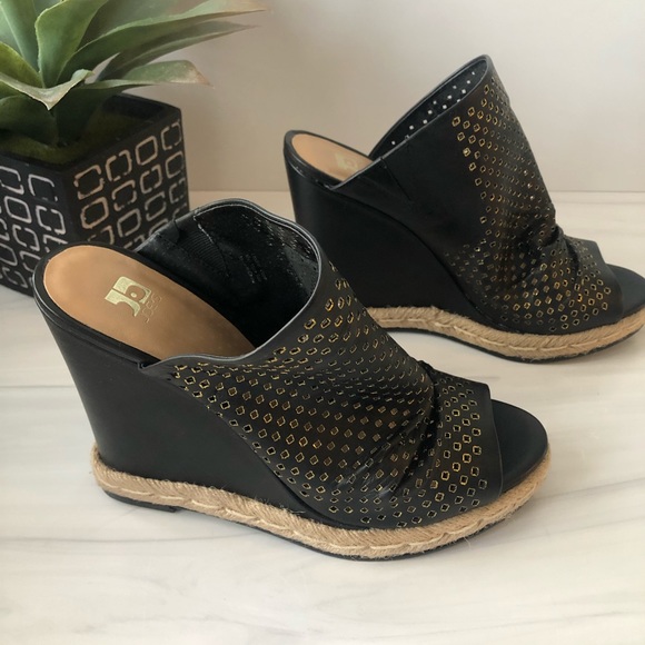 Joes Jeans | Black Ruched Leather Wedge Sandals - Picture 1 of 11